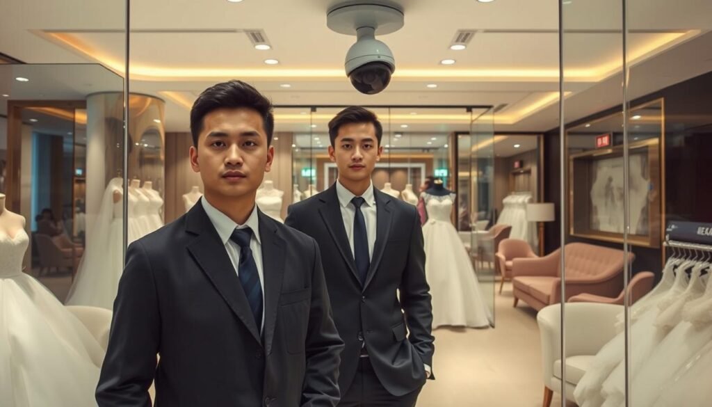 A stylish and secure Taipei bridal gown shop interior showcasing advanced safety measures. In the foreground, a professional-looking security guard in formal attire, monitoring the area with a focused expression. The middle layer features elegant bridal gowns displayed on mannequins, strategically placed behind secure glass partitions, with a modern surveillance camera above. Soft, warm lighting enhances the inviting atmosphere while highlighting security features like alarm panels and emergency exits. The background reveals a cozy consultation area with plush seating, ensuring a welcoming yet secure environment. The overall mood reflects a balance of elegance and safety, emphasizing the importance of security in retail spaces.