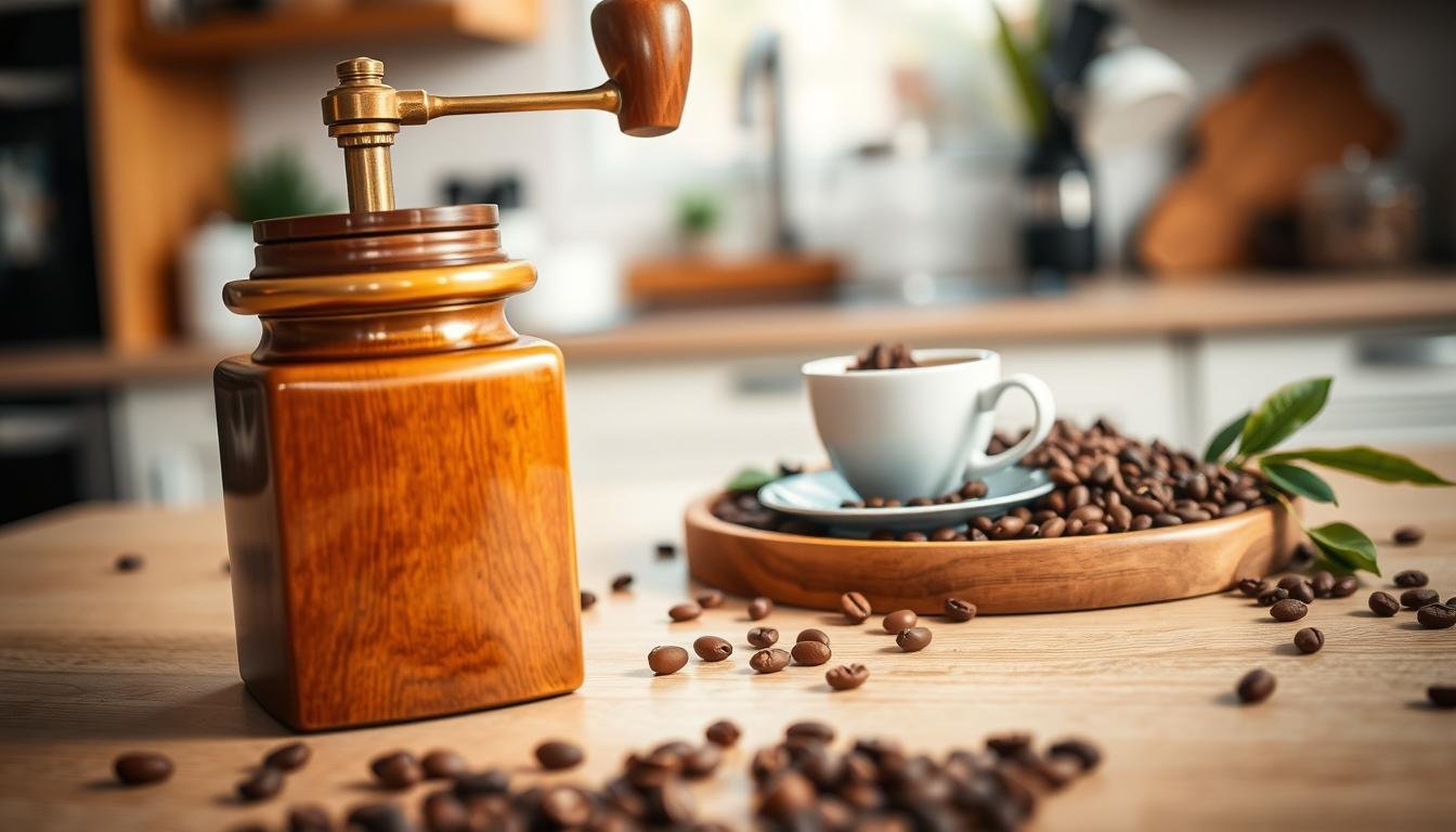 A beautifully arranged scene showcasing a hand grinder for coffee beans, prominently displayed in the foreground. The grinder, made of polished wood with a brass handle, reflects light gracefully, highlighting its craftsmanship. In the middle ground, a small wooden table covered with fresh coffee beans, an elegant cup of brewed coffee, and a few scattered coffee plant leaves, adds a rich texture and warmth to the image. The background features a cozy kitchen setting with soft, ambient lighting, emphasizing a serene and inviting atmosphere. The angle is slightly elevated, capturing both the grinder and the coffee setup, evoking a sense of artisanal charm and the essence of freshly ground coffee.