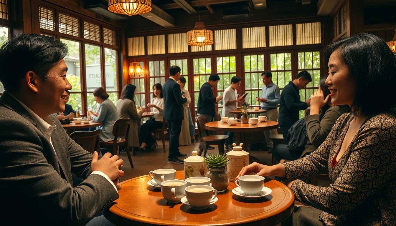 A cozy tea house in Taichung, Taiwan, bustling with activity, showcasing a vibrant tea community. In the foreground, a well-dressed couple enjoys a steaming cup of tea, smiling as they share their thoughts. The ambiance is warm and inviting, with soft, golden lighting illuminating wooden tables adorned with delicate tea sets. In the middle ground, other patrons engage in lively discussions, some using smartphones and tablets to share their tea experiences on social media. The background features lush greenery visible through large windows, enhancing the tranquil atmosphere. The scene is captured from a slightly elevated angle to emphasize the interactions, evoking a sense of warmth and connection among tea lovers, fitting perfectly within a cinematic 4:3 aspect ratio.