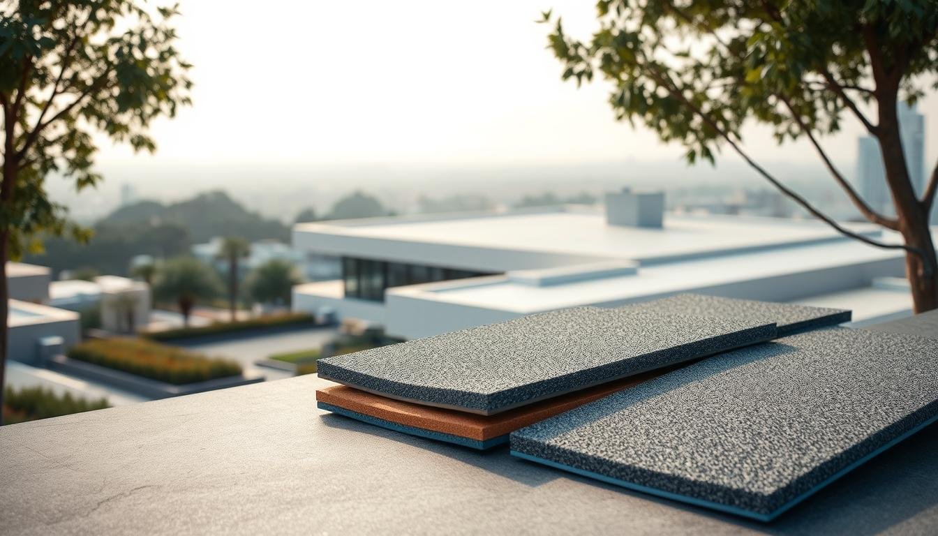 A detailed scene showcasing flat roofing sheets designed for sound absorption, positioned prominently in the foreground. The sheets feature a textured surface and a variety of colors, illustrating their acoustic properties. In the middle ground, a modern building with a smooth flat roof is visible, with hints of landscaping around its base to enhance the setting. The background suggests a serene urban landscape with soft, diffused natural lighting, creating a calm atmosphere ideal for acoustics. The image is captured from a slightly elevated angle to showcase the roofing sheets and their placement on the building effectively, emphasizing their role in sound dampening. The overall mood is professional and informative, suitable for an acoustic properties discussion.