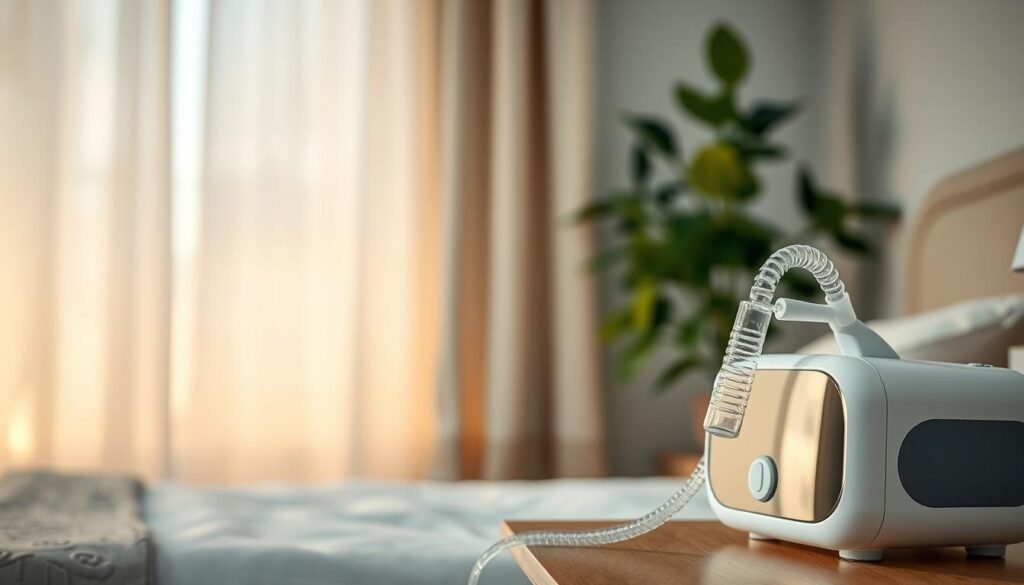 A serene and well-lit bedroom scene depicting a modern sleep apnea machine on a nightstand. In the foreground, the machine has clear, visible tubing connected, with condensation droplets emphasizing the issue of water noise. In the middle, a gentle, soft-focus view of the room shows a cozy bed with a neatly arranged pillow, and calming ambient light filtering through partially open curtains. The background features a subtle, muted color palette that evokes relaxation, with a houseplant adding a touch of nature. The atmosphere is peaceful and soothing, embodying a solution-oriented mood. Adjust the lighting to create a warm and inviting feeling in the space, focusing on details that highlight the technological aspect of the apnea machine.