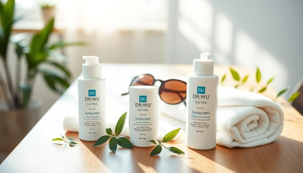 A well-designed flat lay featuring DR.WU sunscreen products on a sleek wooden table. In the foreground, prominently display the DR.WU sunscreen bottles with their labels visible, showcasing a light, refreshing color palette. Surround the products with delicate green leaves and a soft, white towel, suggesting a fresh and clean aesthetic. In the middle ground, include a stylish pair of sunglasses and a glowing, natural light source casting gentle shadows, enhancing the overall brightness. The background should be softly blurred with hints of a bright, airy indoor workspace, emphasizing an inviting atmosphere. Capture the essence of professional skincare for indoor workers. The image should convey a sense of calm sophistication and promote skin health awareness without any text or distractions.