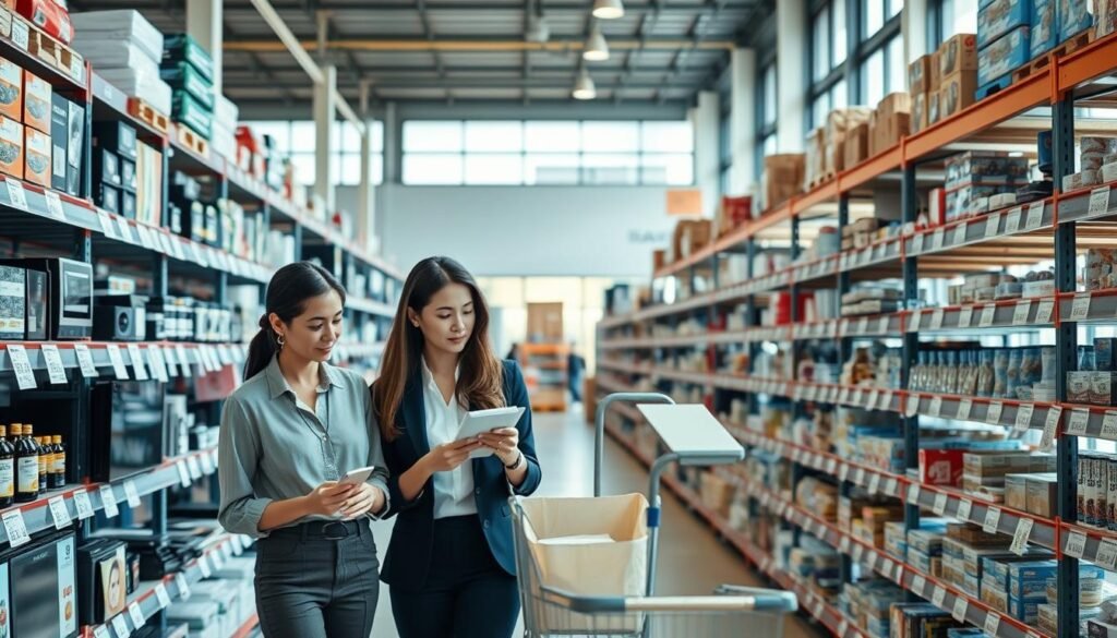 A bustling tax-free warehouse in the United States, showcasing rows of organized merchandise. In the foreground, a diverse group of shoppers—two women in professional business attire and a man in smart casual clothing—examine products with interest, examining price tags and discussing savings strategies. The middle ground features shelves stocked with a variety of goods, from electronics to home essentials, highlighting the concept of tax-free shopping. The background includes large windows allowing natural light to spill in, creating a bright and welcoming atmosphere. Soft shadows enhance the three-dimensional feel. The overall mood is focused and strategic, embodying the excitement of savvy shoppers exploring ways to save money.