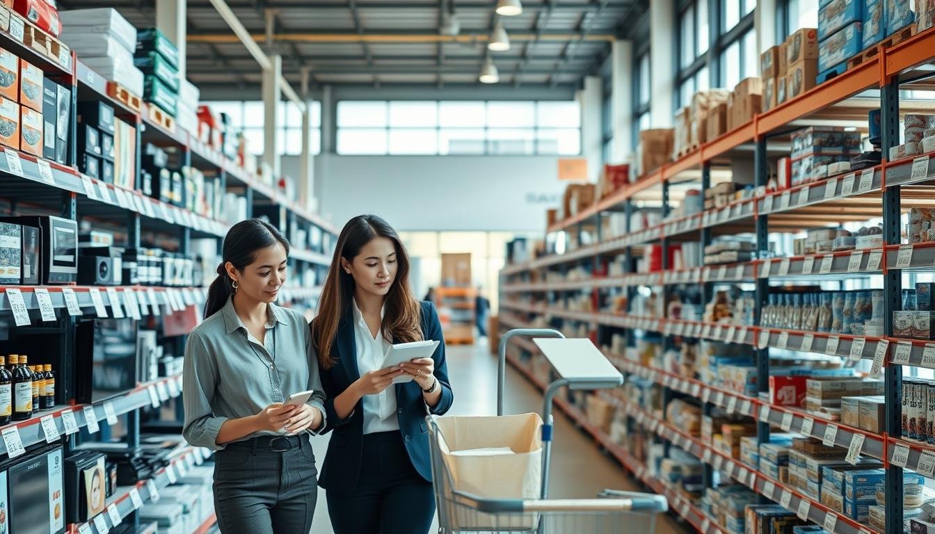 A bustling tax-free warehouse in the United States, showcasing rows of organized merchandise. In the foreground, a diverse group of shoppers—two women in professional business attire and a man in smart casual clothing—examine products with interest, examining price tags and discussing savings strategies. The middle ground features shelves stocked with a variety of goods, from electronics to home essentials, highlighting the concept of tax-free shopping. The background includes large windows allowing natural light to spill in, creating a bright and welcoming atmosphere. Soft shadows enhance the three-dimensional feel. The overall mood is focused and strategic, embodying the excitement of savvy shoppers exploring ways to save money.