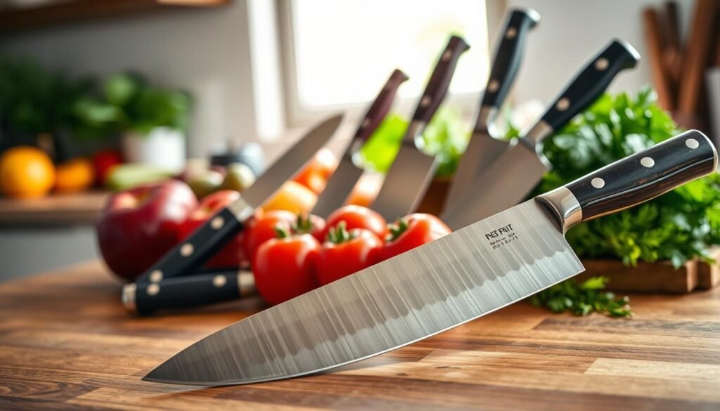 A detailed composition featuring an assortment of high-quality kitchen knives displayed elegantly on a wooden countertop. In the foreground, a beautifully crafted chef's knife, gleaming with a polished blade and a sturdy handle, catches the light. In the middle, a variety of other knives, including a paring knife and a serrated knife, are arranged artfully, showcasing their unique designs and functionality. The background features a softly blurred kitchen setting with gentle natural light filtering in through a window, highlighting a selection of fresh vegetables and herbs, emphasizing the tools for culinary creativity. The overall mood is inviting, warm, and professional, appealing to cooking enthusiasts and collectors. The image captures the essence of quality and considerations when selecting kitchen knives for purchase.