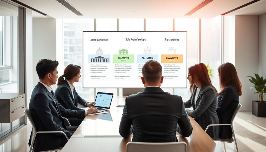A professional office setting illustrating the various types of company structures available in Hong Kong. In the foreground, a diverse group of business professionals depict an engaged discussion, each dressed in smart business attire. They are gathered around a modern conference table, with documents and a laptop displaying charts of different company types. In the middle ground, a large touchscreen board features visual representations of Limited Companies, Sole Proprietorships, and Partnerships, showcasing their unique characteristics. The background reveals a sleek office space with large windows letting in natural light, providing a bright and motivating atmosphere. The overall mood is one of professionalism and collaboration, emphasizing the importance of selecting the right company type. Aim for a clean, modern aesthetic with a focus on clarity and organization.