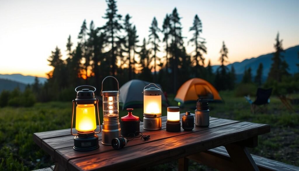 A serene outdoor camping scene featuring an array of camping lights, including lanterns and portable LED lights, set up on a wooden picnic table surrounded by a lush green forest. In the foreground, showcase the lights glowing softly in the evening twilight, casting warm hues across the table. In the middle ground, include a well-organized camping setup with a tent and a comfy camp chair, creating an inviting atmosphere. In the background, tall trees and distant mountains silhouette against a gradient sky transitioning from orange to deep blue, indicating dusk. Capture the scene with a slight low-angle perspective to amplify the grandeur of the nature surrounding the campsite, emphasizing a tranquil and adventurous mood perfect for outdoor enthusiasts seeking the best camping gear.