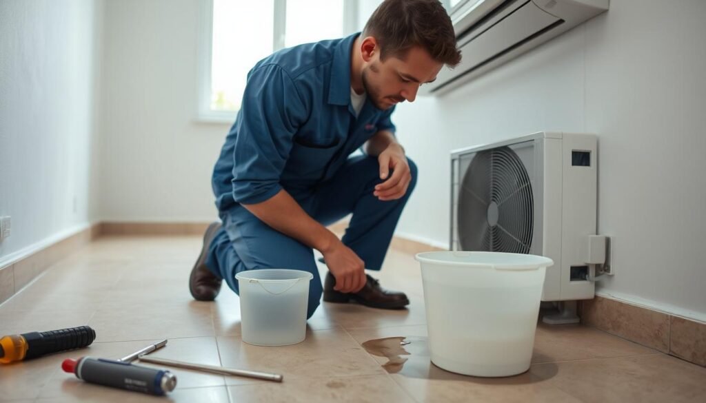 A technician in a professional blue uniform inspects an air conditioning unit that is dripping water, kneeling beside it on a tiled floor. In the foreground, there are tools like a screwdriver and a bucket to catch the dripping water. The middle ground features the air conditioning unit with visible signs of water damage, including droplets and a slight algae growth on the wall. In the background, the room is well-lit with natural light coming through a window, showcasing a clean environment. The technician has a focused expression, examining the drainage system closely, evoking a sense of diligence and professionalism. The atmosphere is calm yet serious, emphasizing the importance of proper maintenance and inspection.
