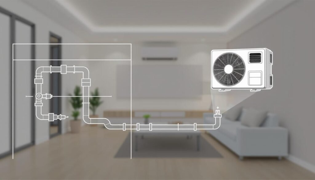 An informative technical illustration depicting a planned drainage path for a split-type air conditioning unit installation. In the foreground, show a detailed schematic of a drainage system with pipes and necessary fittings, highlighting the angles and slopes necessary for optimal water flow. The middle ground should include a partially installed air conditioning unit, with clear visibility of the connection to the drainage system, ensuring a professional appearance. In the background, suggest the interior setting of a modern room with neutral colors, soft lighting that emphasizes clarity. Capture a sense of precision and technical expertise, aiming for a clean, organized aesthetic that conveys the importance of proper installation to prevent leaks and backflow issues.