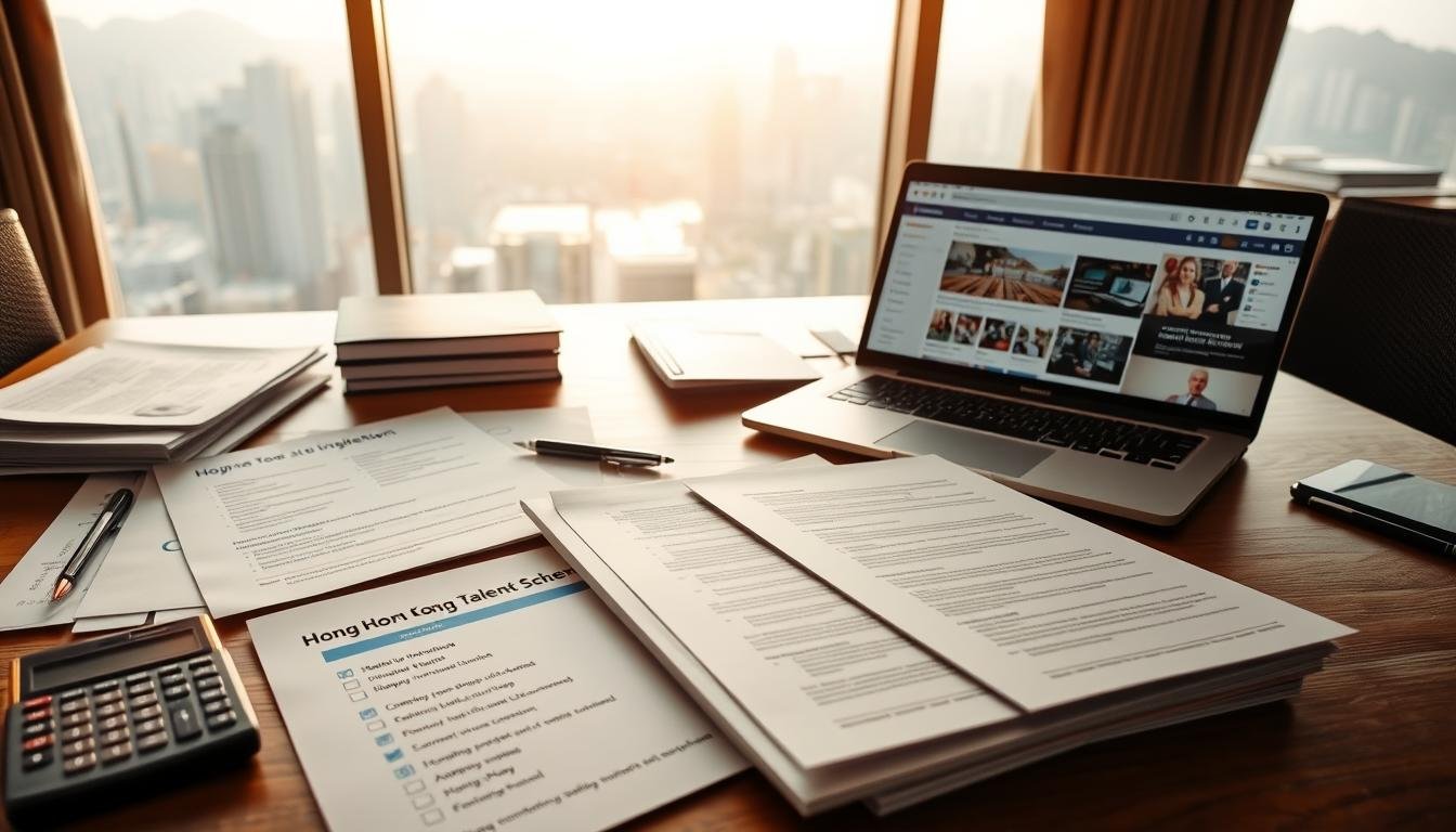 A professional workspace featuring a wooden desk, scattered with documents related to the "Hong Kong Talent Scheme," such as application forms, a checklist of required documents, and a calculator displaying fees. In the foreground, a neatly arranged stack of informational brochures showcasing the program. The middle ground includes an open laptop with relevant tabs displayed, showing various web pages about the scheme. The background features a large window with a view of the Hong Kong skyline, softly illuminated by natural sunlight, creating an inspiring atmosphere. The overall mood is focused and professional, with an emphasis on clarity and organization to represent the procedural requirements of the talent scheme.