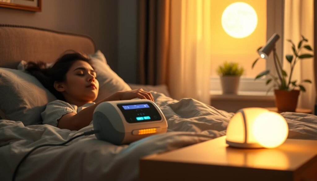 A serene bedroom scene featuring a sleeping patient with a CPAP machine, highlighting its role in improving the quality of sleep for individuals with narcolepsy. In the foreground, the patient lies comfortably in bed, peaceful expression, and wearing modest sleepwear. The middle layer includes the sleek CPAP machine on a nightstand, with a soft, glowing light indicating its operation. In the background, a softly lit window allows warm moonlight to filter in, creating a calming atmosphere. The room is decorated with soothing colors, and a potted plant adds a touch of nature. The overall mood is tranquil and restorative, emphasizing the connection between the device and better sleep quality. The image is captured with a warm, soft focus lens to evoke a feeling of comfort and safety.