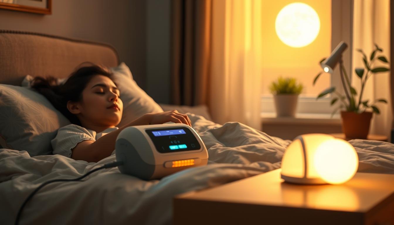 A serene bedroom scene featuring a sleeping patient with a CPAP machine, highlighting its role in improving the quality of sleep for individuals with narcolepsy. In the foreground, the patient lies comfortably in bed, peaceful expression, and wearing modest sleepwear. The middle layer includes the sleek CPAP machine on a nightstand, with a soft, glowing light indicating its operation. In the background, a softly lit window allows warm moonlight to filter in, creating a calming atmosphere. The room is decorated with soothing colors, and a potted plant adds a touch of nature. The overall mood is tranquil and restorative, emphasizing the connection between the device and better sleep quality. The image is captured with a warm, soft focus lens to evoke a feeling of comfort and safety.