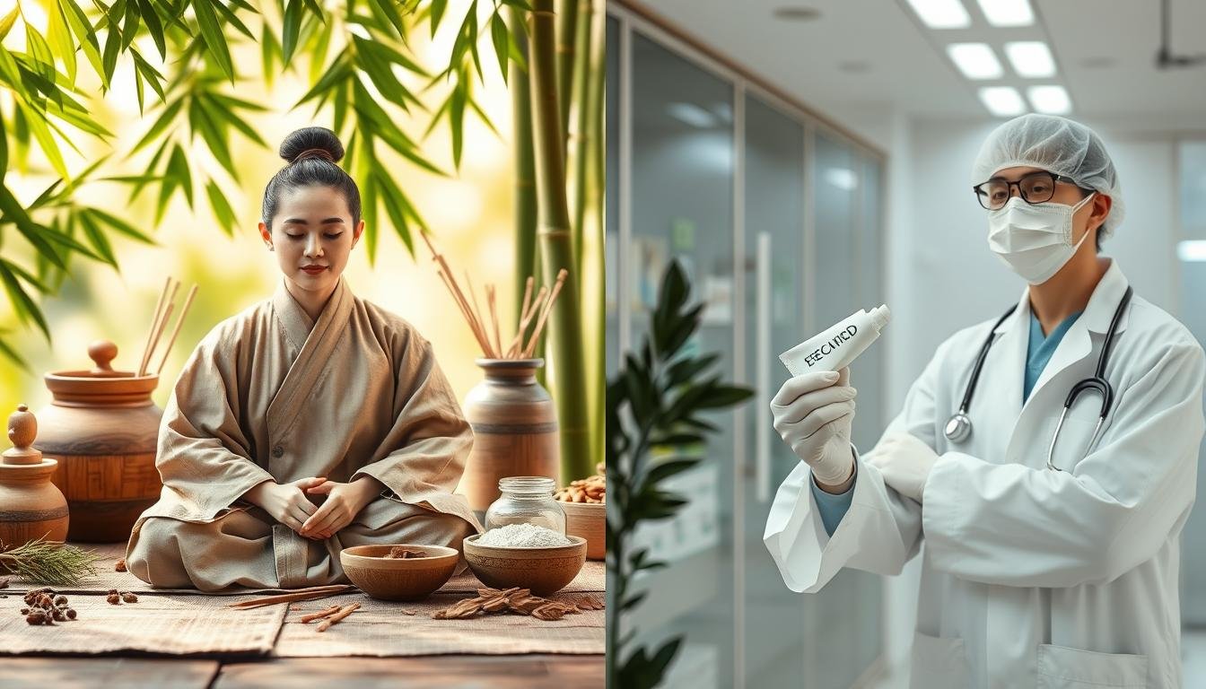 A split-screen image contrasting Traditional Chinese Medicine (TCM) and Western medicine in the treatment of eczema. On the left, depict a serene TCM practitioner in modest traditional attire, surrounded by herbal remedies, acupuncture needles, and bamboo elements, with a calming, natural background featuring soft sunlight filtering through leaves. On the right, illustrate a Western medical professional in a clean, modern clinic, holding a steroid cream, with clinical tools and medical charts visible, emphasizing a sterile and efficient environment. Use a warm color palette on the TCM side to evoke calmness, and cooler tones on the Western medicine side to suggest clinical precision. The overall atmosphere should highlight the fundamental differences in approach, inviting reflection on the two methods.