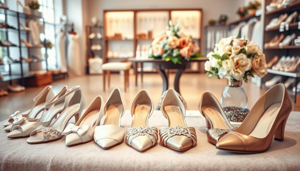A stylish display of affordable wedding shoes from various brands, showcasing a curated selection of elegant and comfortable designs. In the foreground, a variety of wedding shoes with different styles and materials, including satin, lace, and leather, positioned on a soft, textured fabric. The middle ground features an inviting boutique setting with soft natural lighting, enhancing the ambiance. Delicate floral arrangements in pastel tones are arranged on a nearby table, adding a romantic touch. The background shows a well-organized display of wedding accessories and shoes, creating an atmosphere of sophistication and variety. Capture this scene from a slightly elevated angle to emphasize the shoes, with a warm, inviting color palette that reflects a joyful wedding theme.