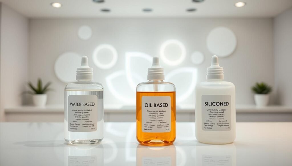 A well-organized display of three different types of lubricants: water-based, oil-based, and silicone-based, positioned prominently in the foreground on a sleek, modern countertop. Each lubricant should be in a clear, labeled container showcasing its texture—water-based clear and fluid, oil-based slightly viscous and amber-colored, and silicone-based smooth and glossy. In the middle ground, incorporate a subtle gradient backdrop suggesting a clinical or product review setting, illuminated with soft, diffused lighting to create a sterile and professional atmosphere. The background should feature abstract shapes that imply safety and consumer research, enhancing the overall informative mood. The image should evoke trust and clarity without any text or branding, maintaining a clean and professional composure throughout.